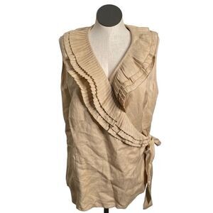 Ashley Stewart Womens Linen Blend Safari Khaki Wrap Blouse 18W Pleated Collar